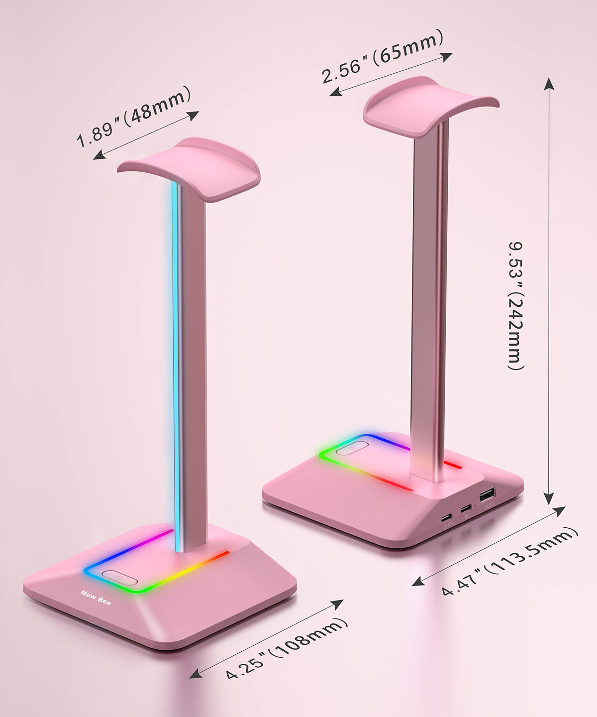 New Bee RGB Headphone Stand anti-slip-base shows TPU-friendly contact area protecting headphones.