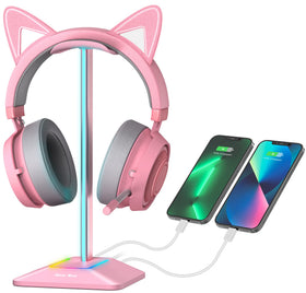New Bee RGB Headphone Stand back view highlighting stable base for secure desk use.