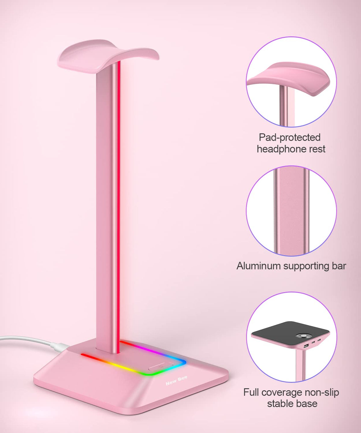 New Bee RGB Headphone Stand base detail highlights anti-slip stability.
