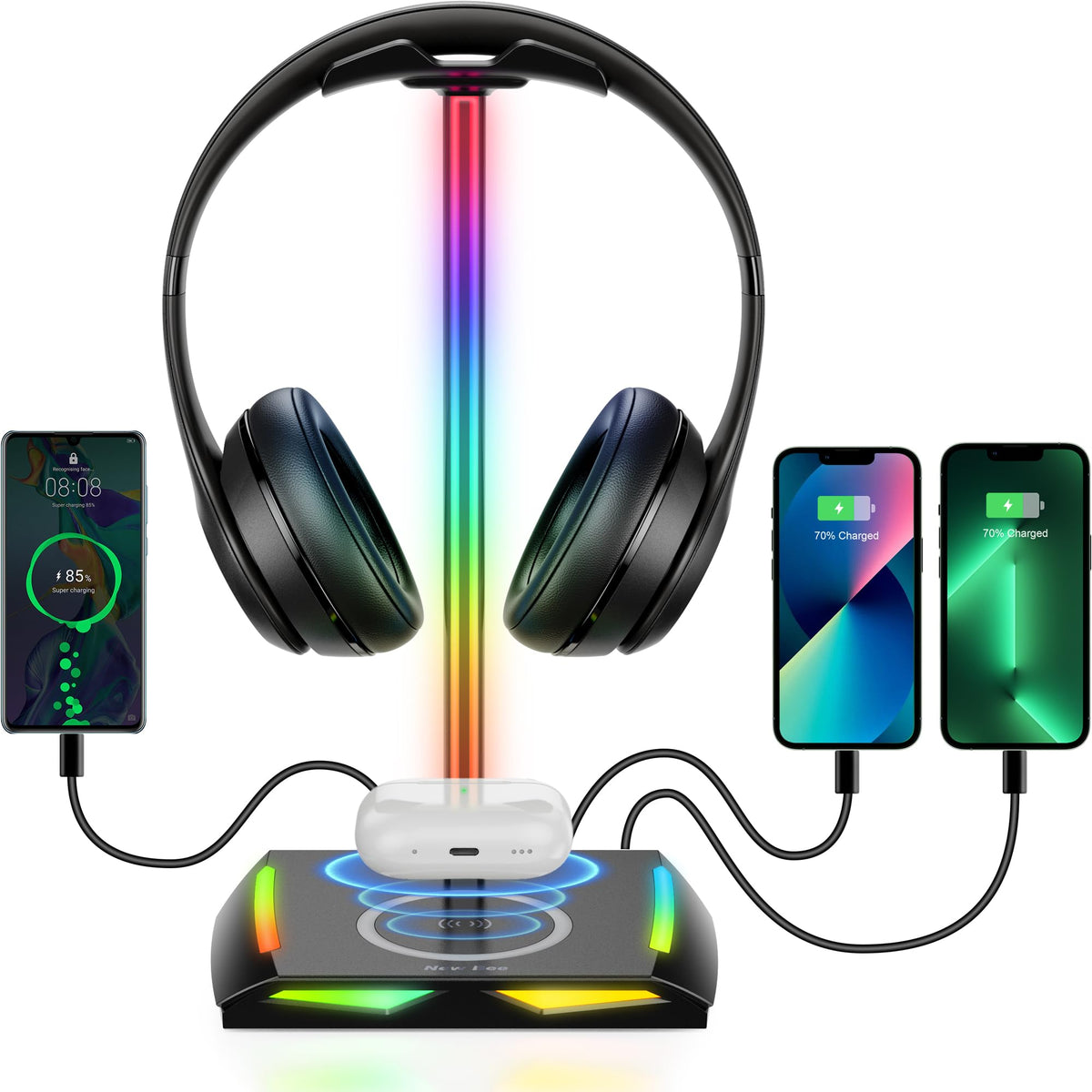 New Bee RGB headphone stand front view with wireless charging surface for devices.