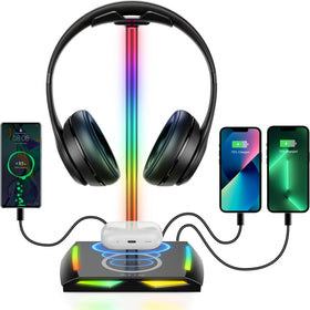 New Bee RGB headphone stand front view with wireless charging surface for devices.
