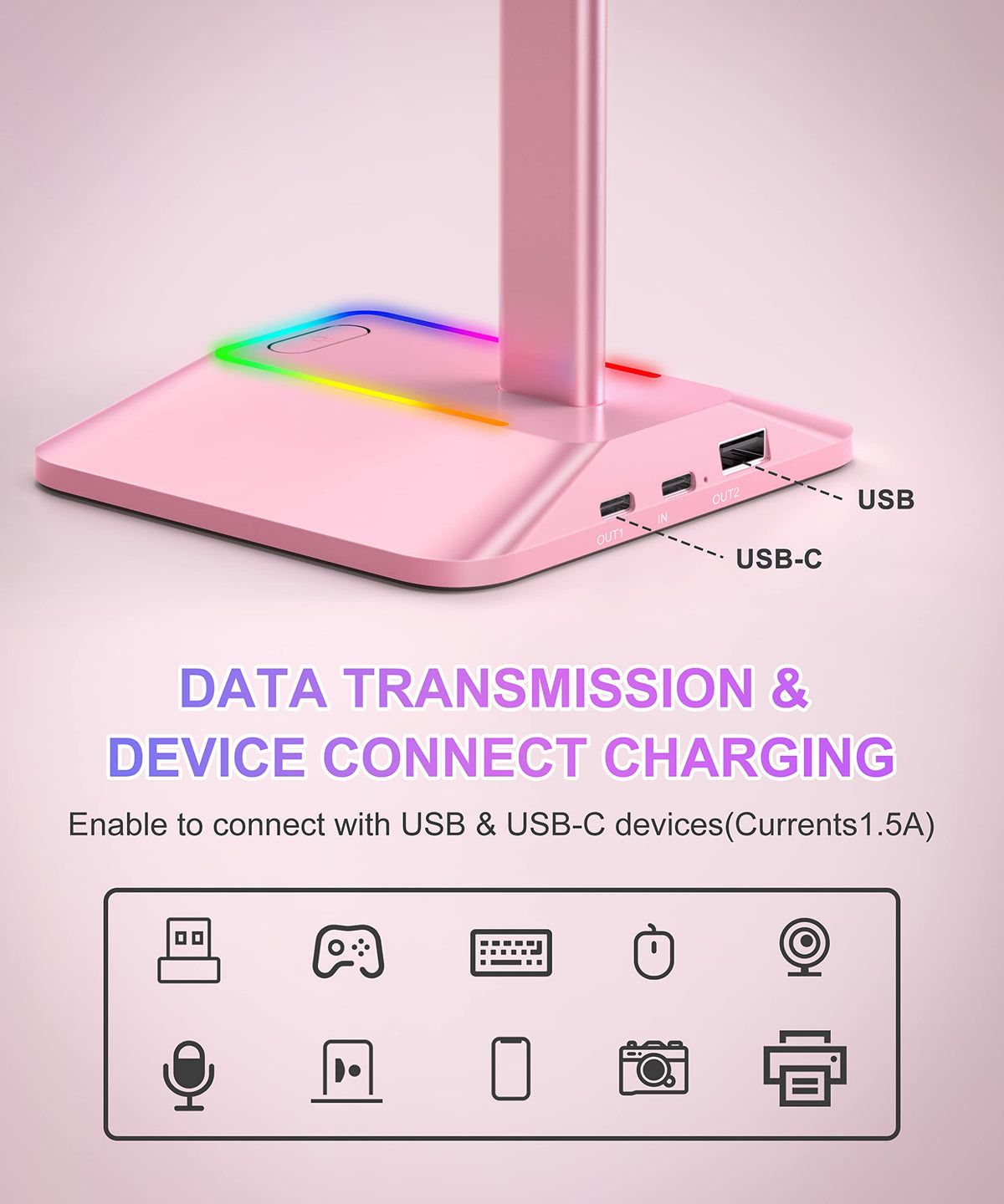 New Bee RGB Headphone Stand ports visible highlights file transfer and device charging at once.