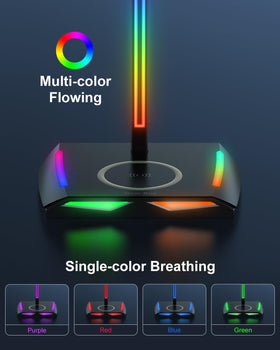 New Bee RGB headphone stand side view showing USB-C and USB-A ports for charging.