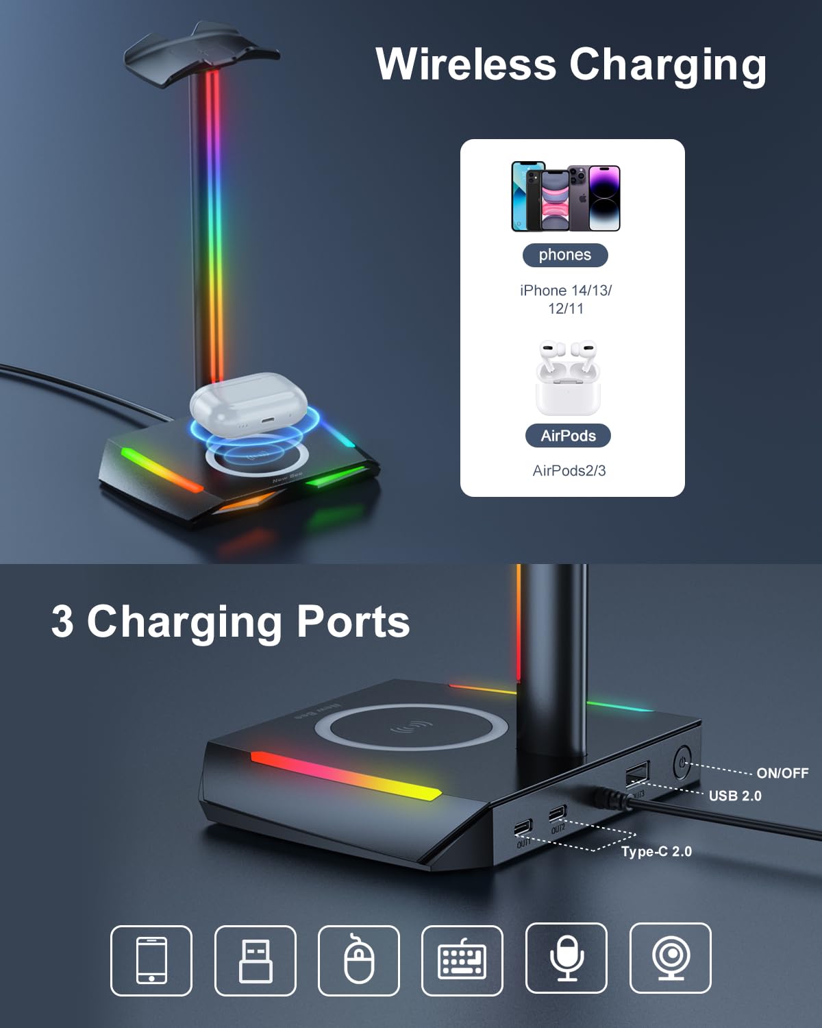 New Bee RGB headphone stand top view displaying seven color lighting ring.