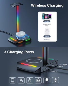 New Bee RGB headphone stand top view displaying seven color lighting ring.