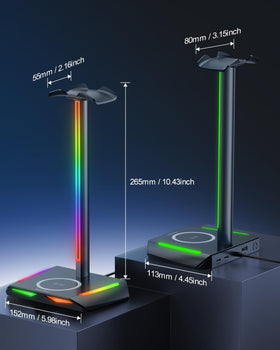New Bee RGB headphone stand wireless charging area in use on desk.