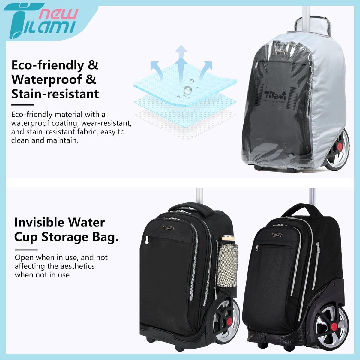 NEW TILAMI rolling backpack back panel offers breathable support for all-day wear