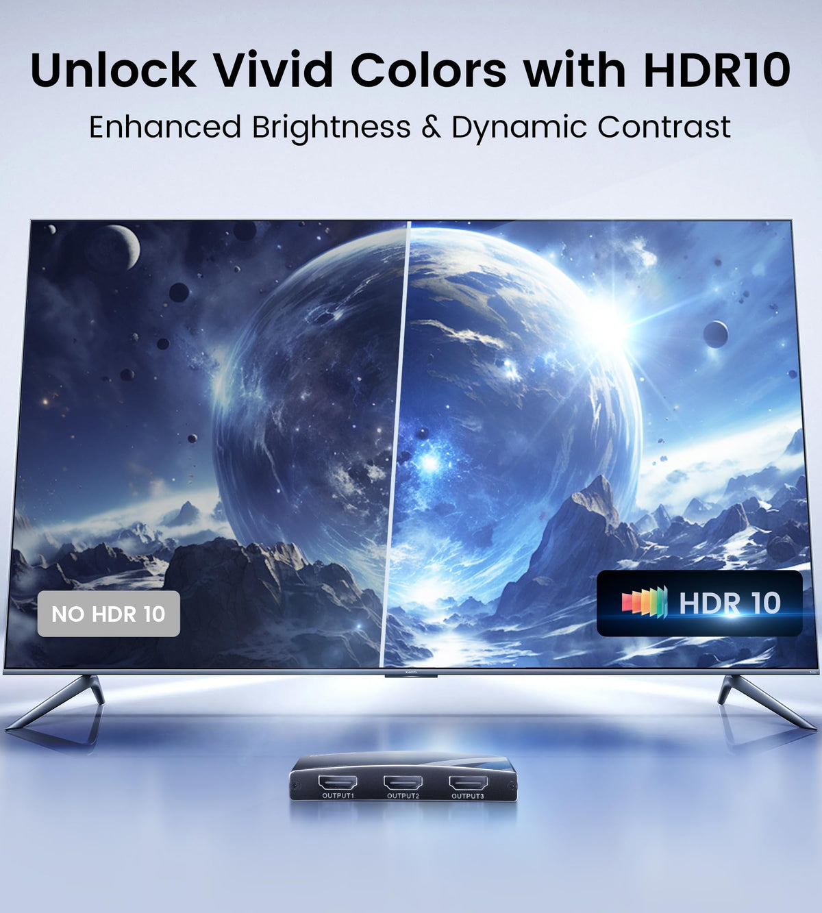 NEWCARE TV screen close-up showing crisp 4K HDR image from splitter for vibrant visuals