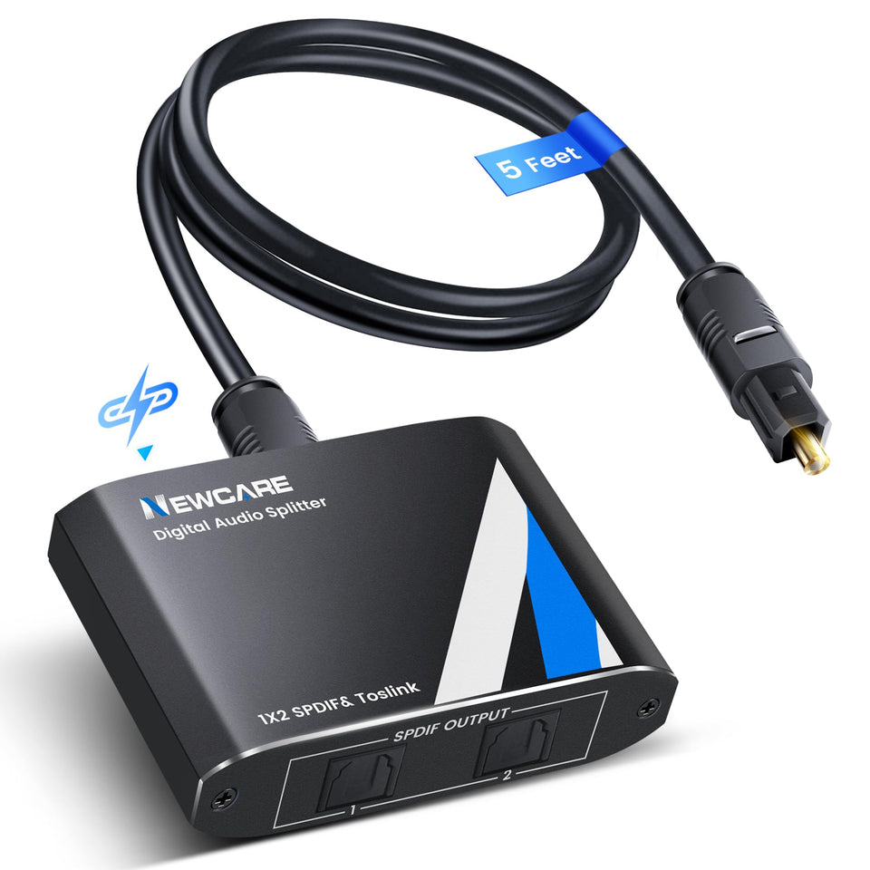 NEWCARE Digital Optical Splitter front view with two output ports for easy audio sharing.