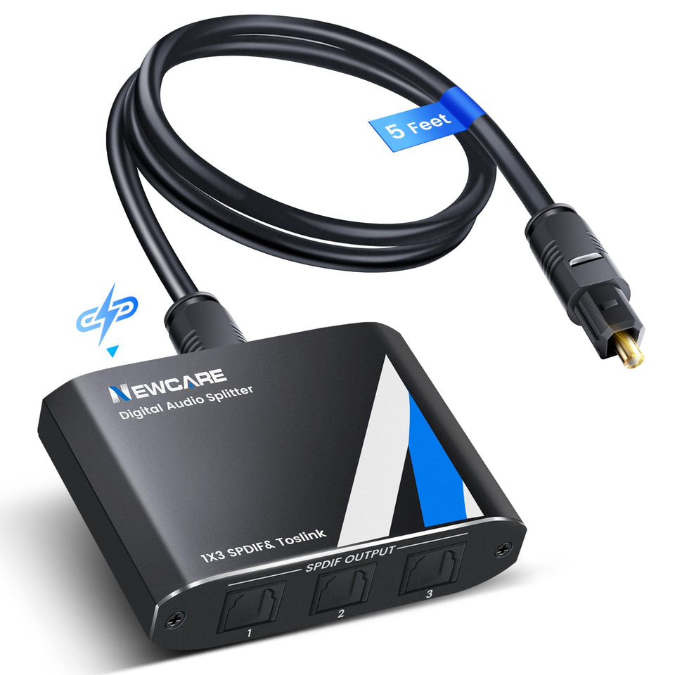 NEWCARE digital optical splitter 1x3 out showing compact input to three outputs for versatile audio setup