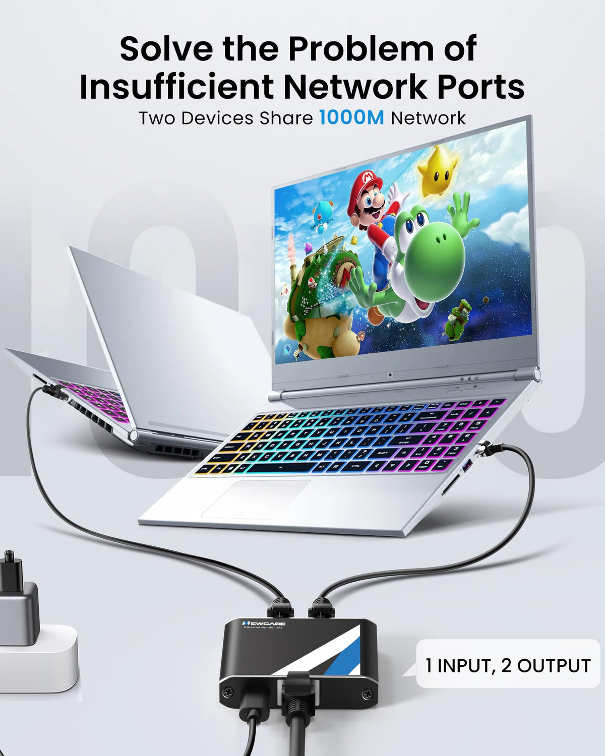 NEWCARE Gigabit Splitter dual ports allow two devices to share a single internet connection