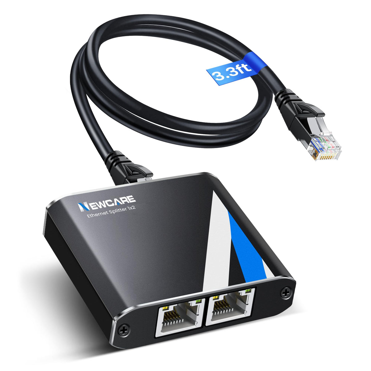 NEWCARE Gigabit Splitter front view showing dual ports for instant network sharing