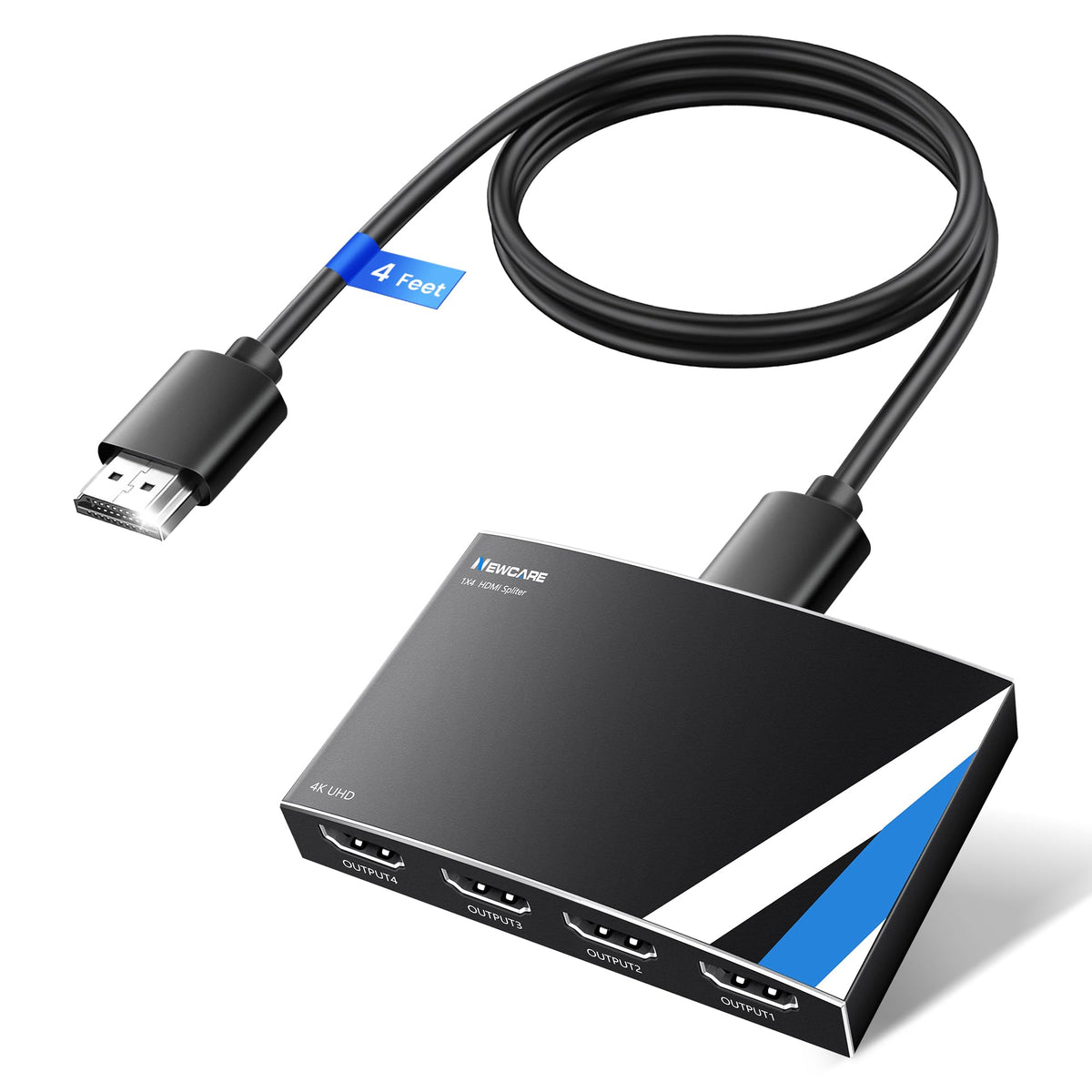 NewCare HDMI splitter front view with compact aluminum body for clean desktop setups.
