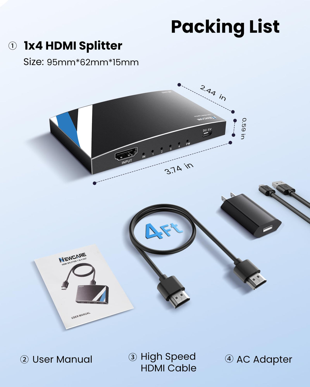 NewCare included 4-foot HDMI 2.0 cable and power adapter for quick setup.