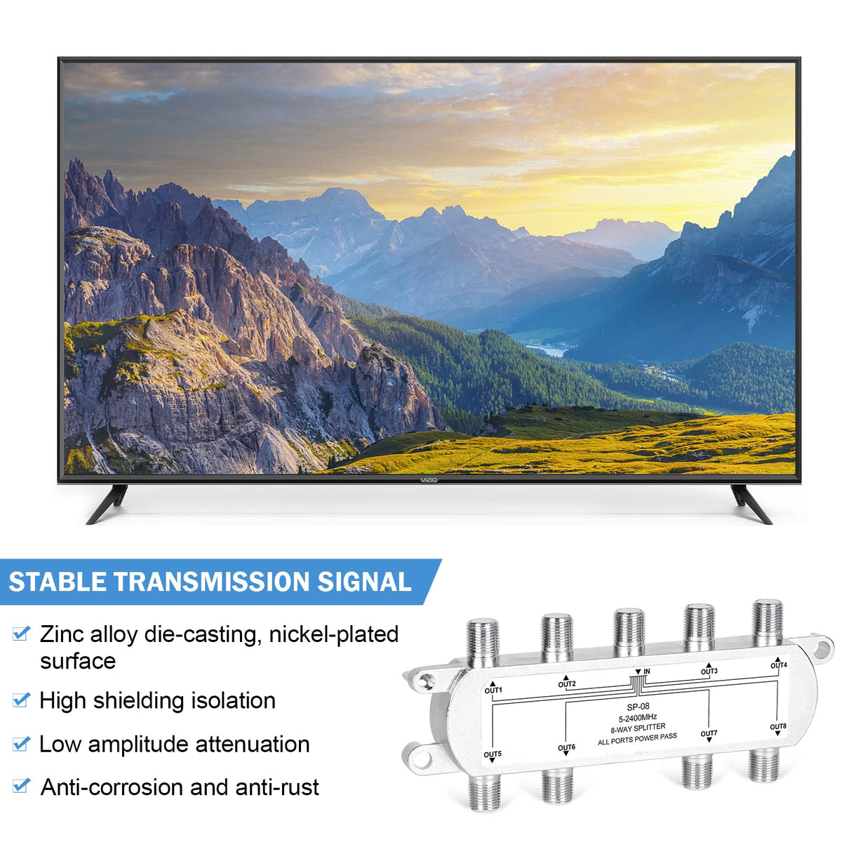 NewCare satellite TV antenna connection setup with eight outputs