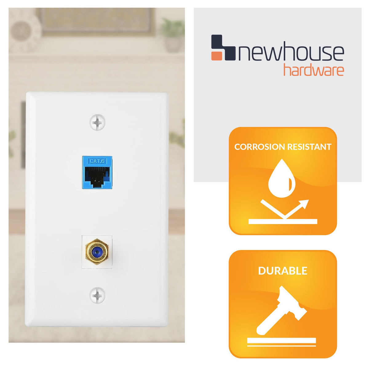 Newhouse Hardware wall plate mounting hardware included for quick, secure installation.