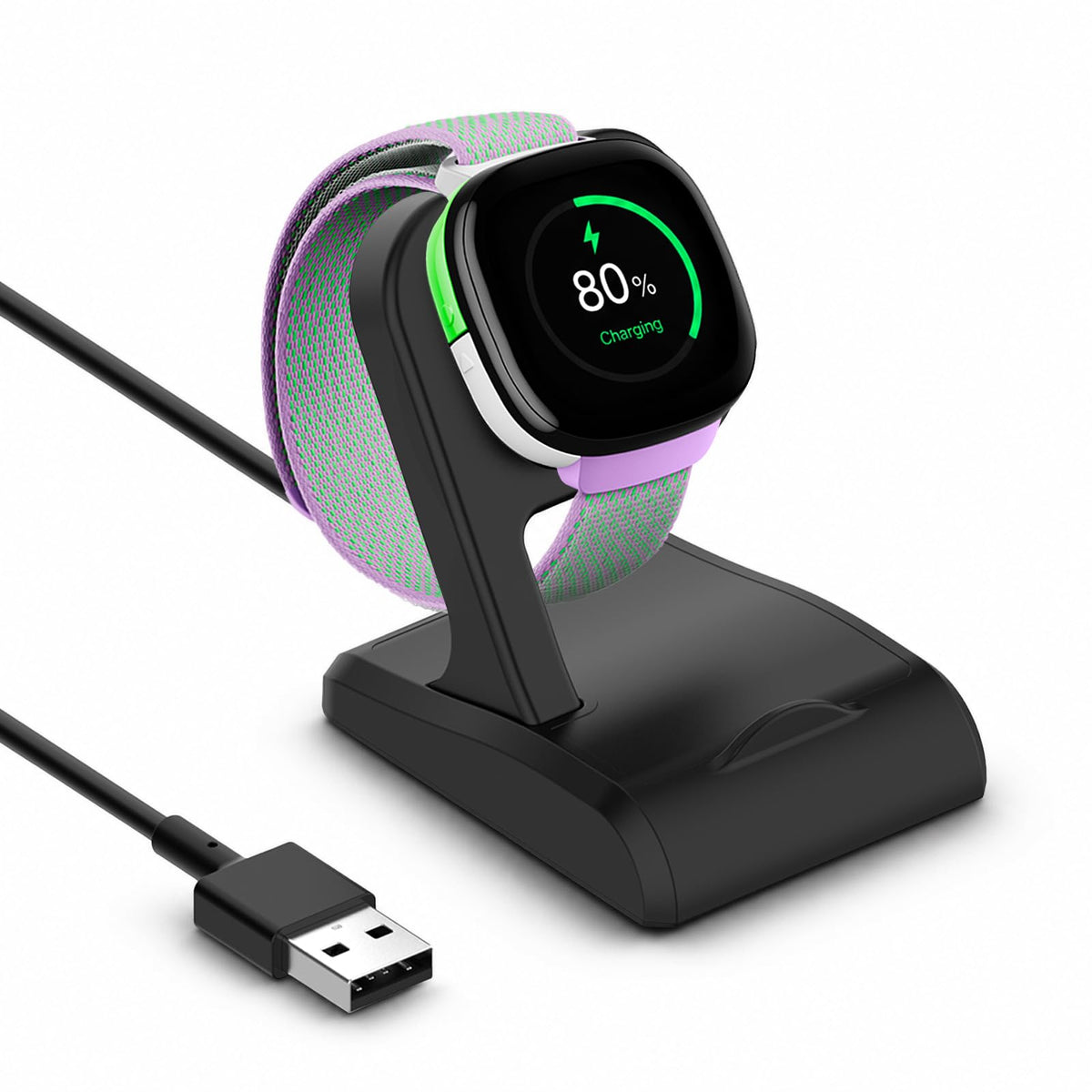 NewJourney charger on a bedside stand supporting Fitbit Ace LTE while charging.