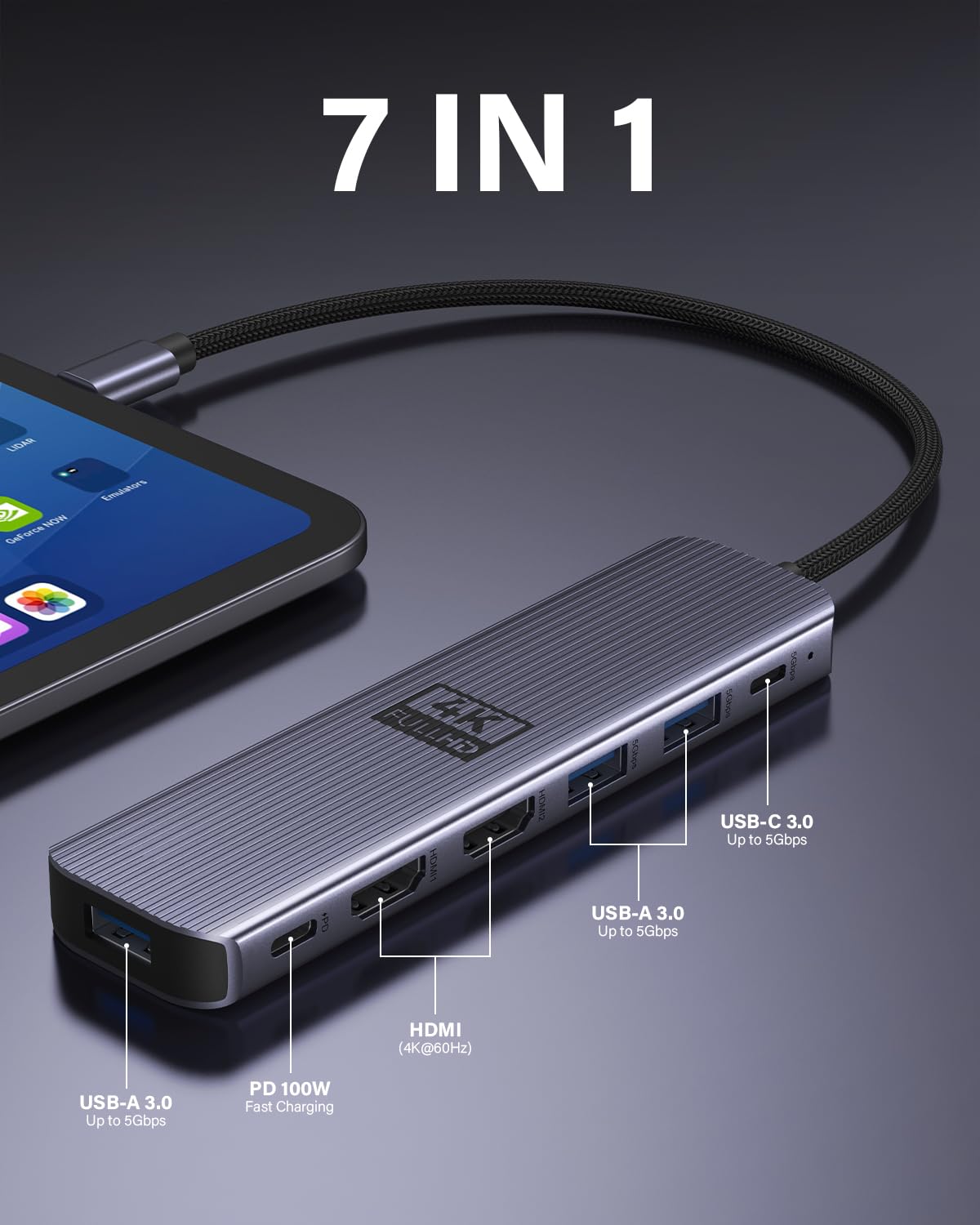 Close view of the 7-in-1 Newmight dock showing its front-port array.