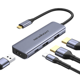 Newmight USB-C Dual HDMI Adapter front view, compact docking for multitasking.