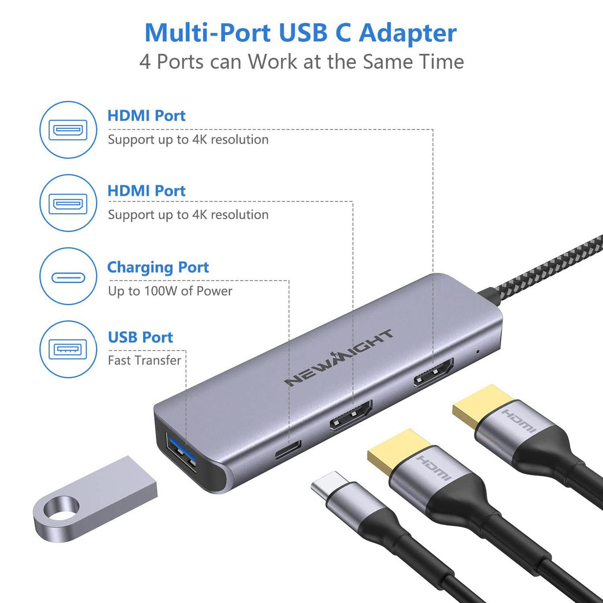Newmight USB-C Dual HDMI Adapter side ports, easy access to PD and USB-A.