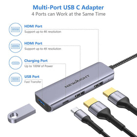 Newmight USB-C Dual HDMI Adapter side ports, easy access to PD and USB-A.