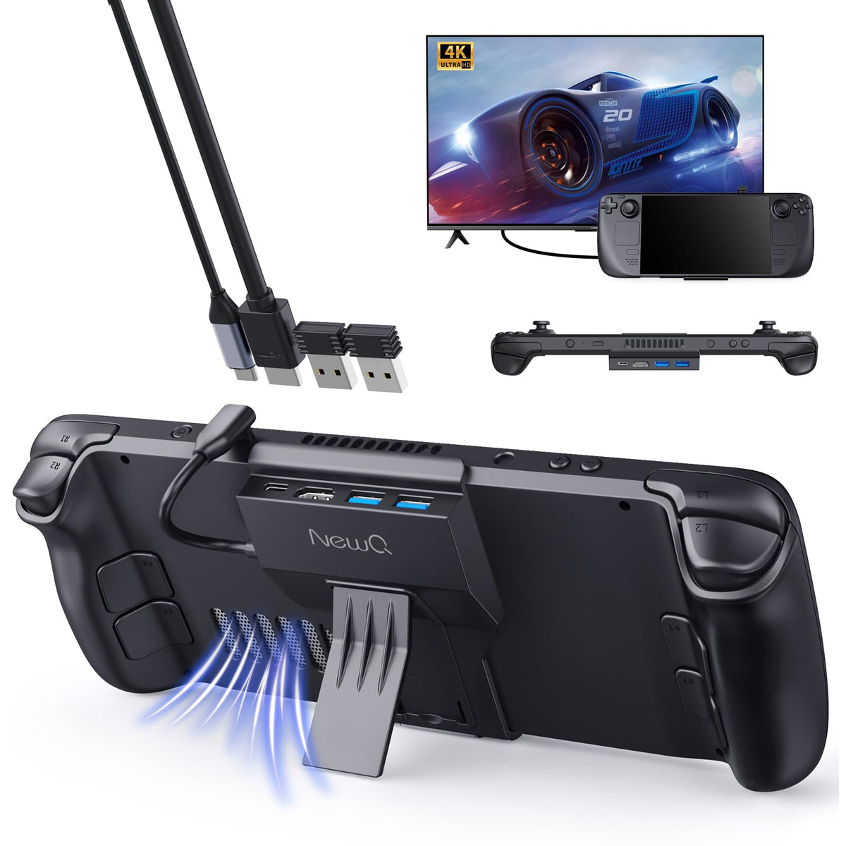 NEWQ dock front view attached to Steam Deck showing compact convenience