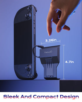 NEWQ next to smartphone size comparison highlighting lightweight portability