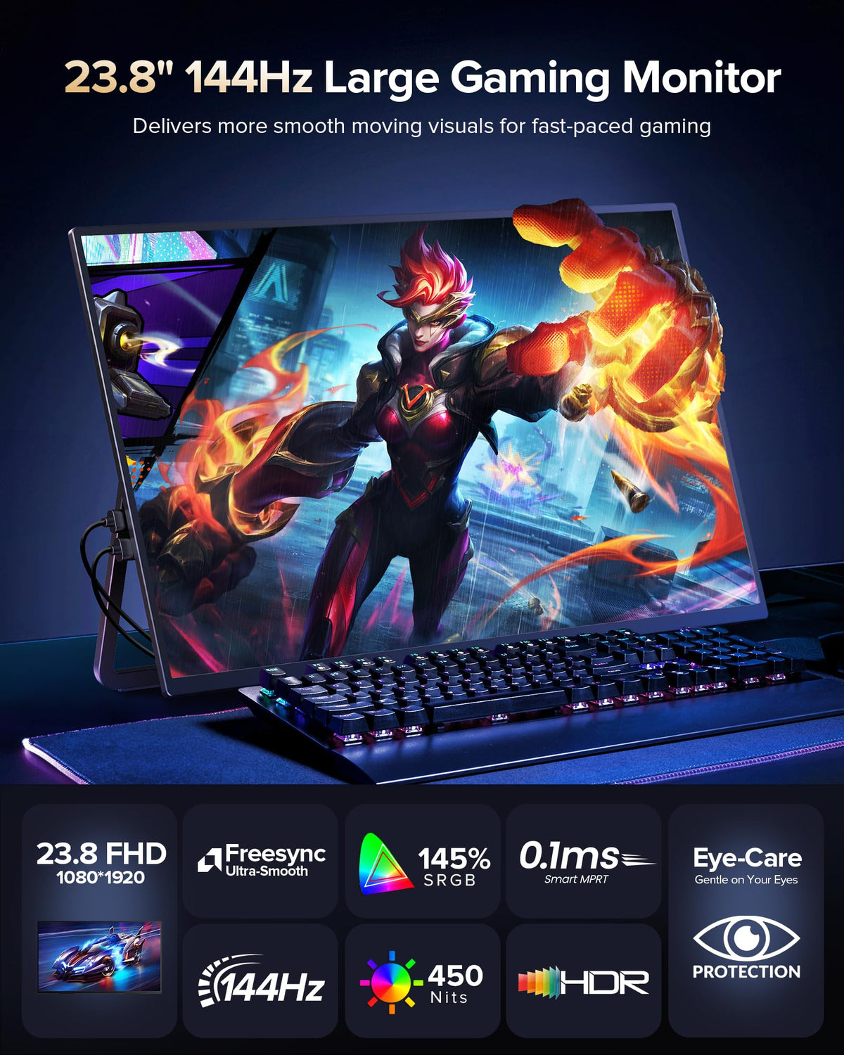Newsoul 23.8-inch monitor demonstrates 144Hz gaming clarity for smooth action.