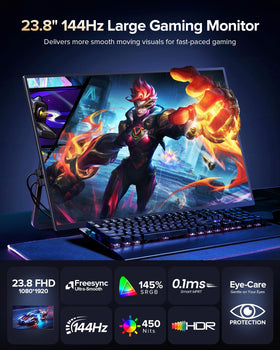 Newsoul 23.8-inch monitor demonstrates 144Hz gaming clarity for smooth action.