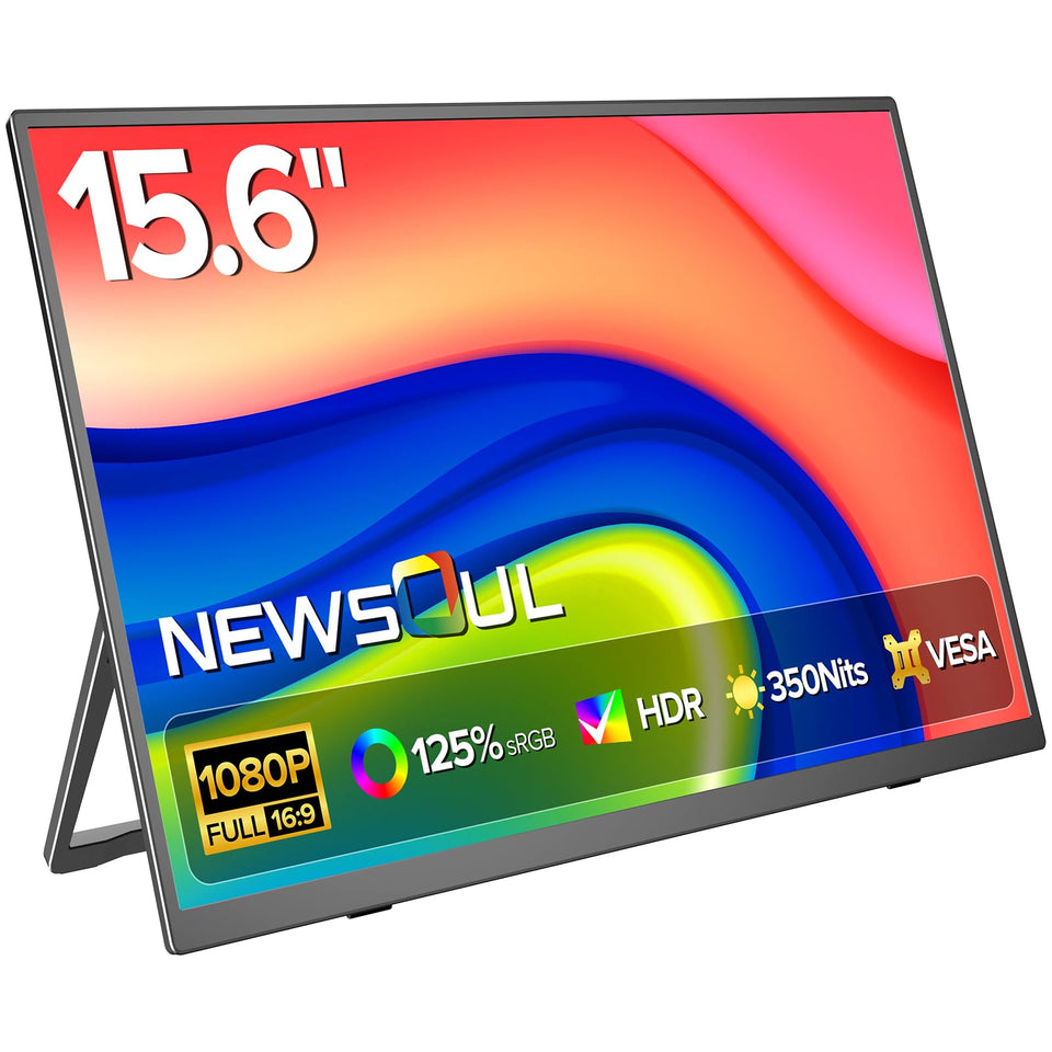 Newsoul portable monitor 15.6-inch with tilt stand enables easy on-the-go productivity.