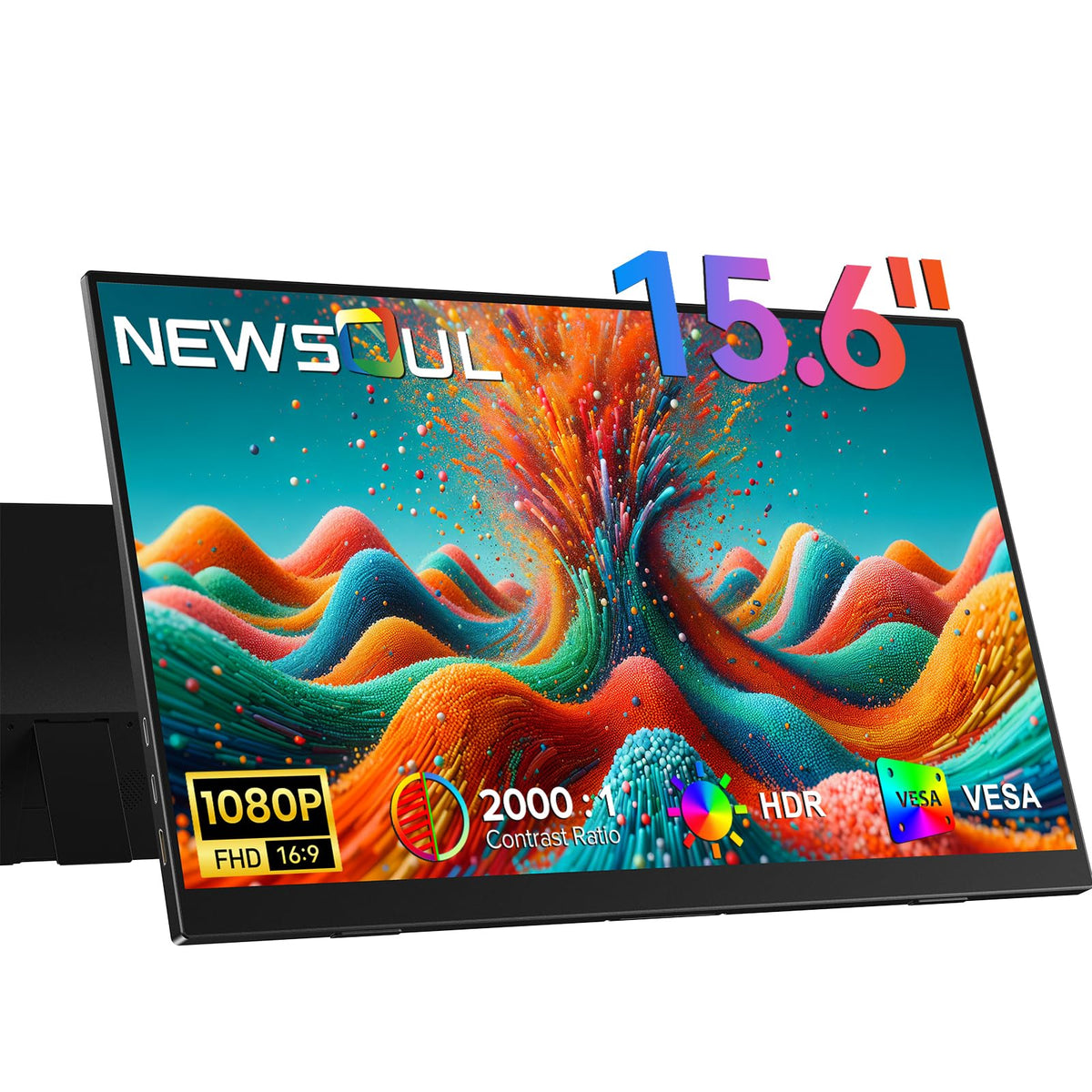 Newsoul 15.6-inch portable monitor front view, compact travel-ready display.