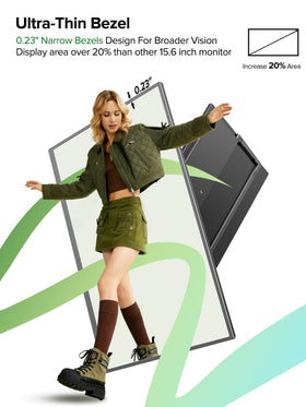 Ultra-narrow bezel and 16:9 ratio maximize screen real estate.