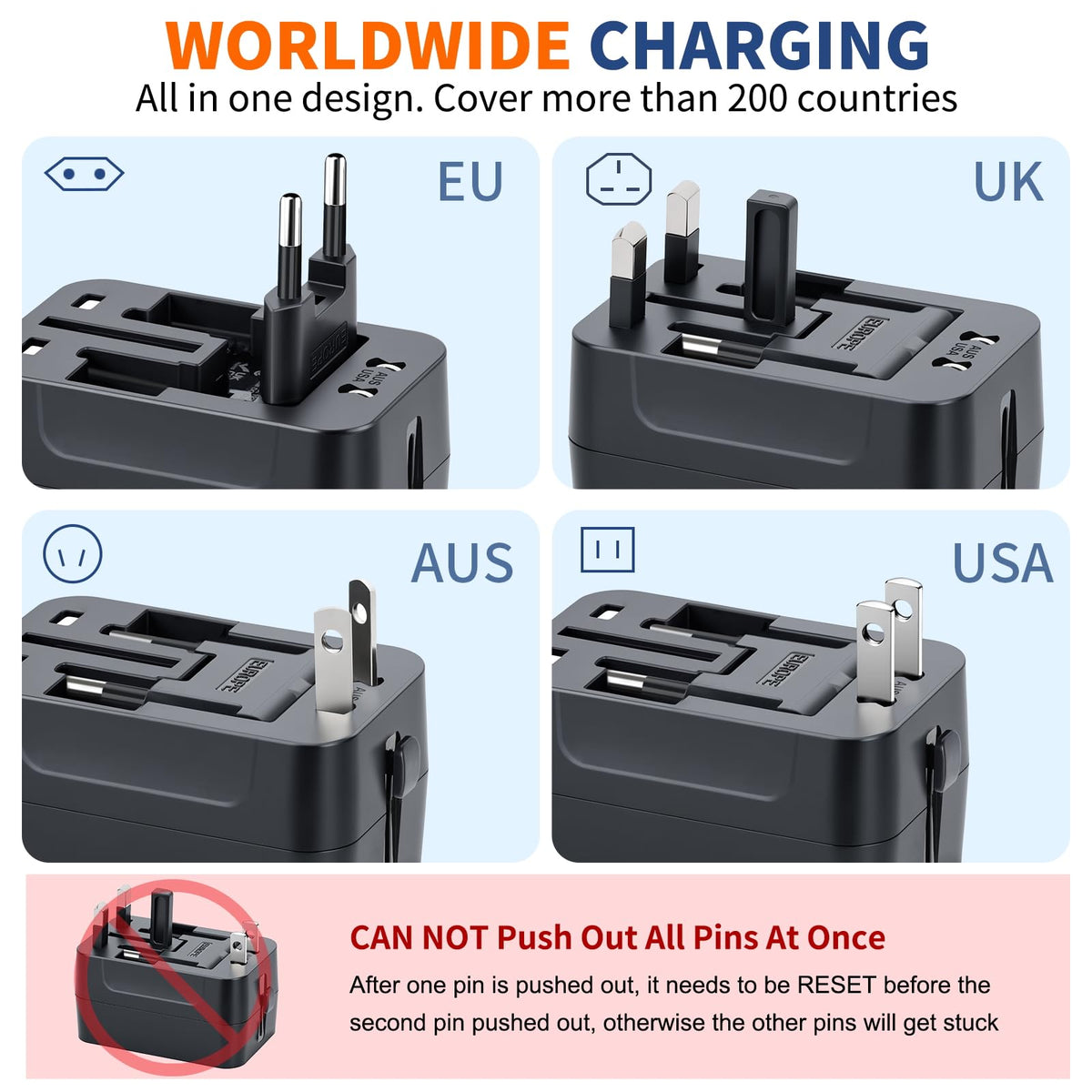 NEWVANGA travel adapter safety shutters protect against direct contact.