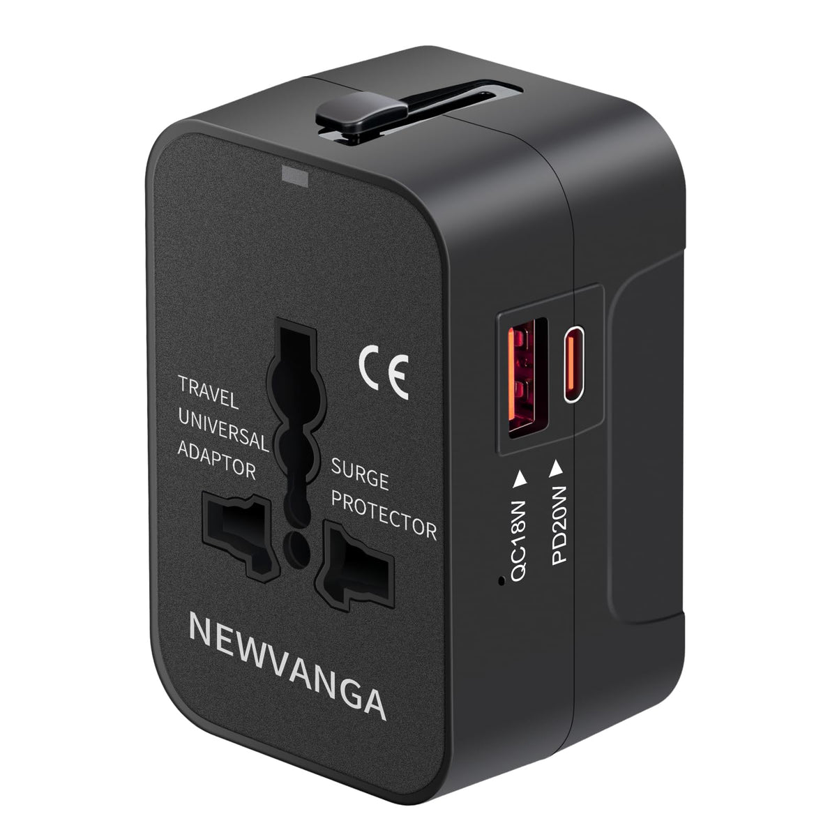 NEWVANGA travel adapter with USB-C and USB-A ports for universal, fast charging worldwide.