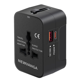 NEWVANGA travel adapter with USB-C and USB-A ports for universal, fast charging worldwide.