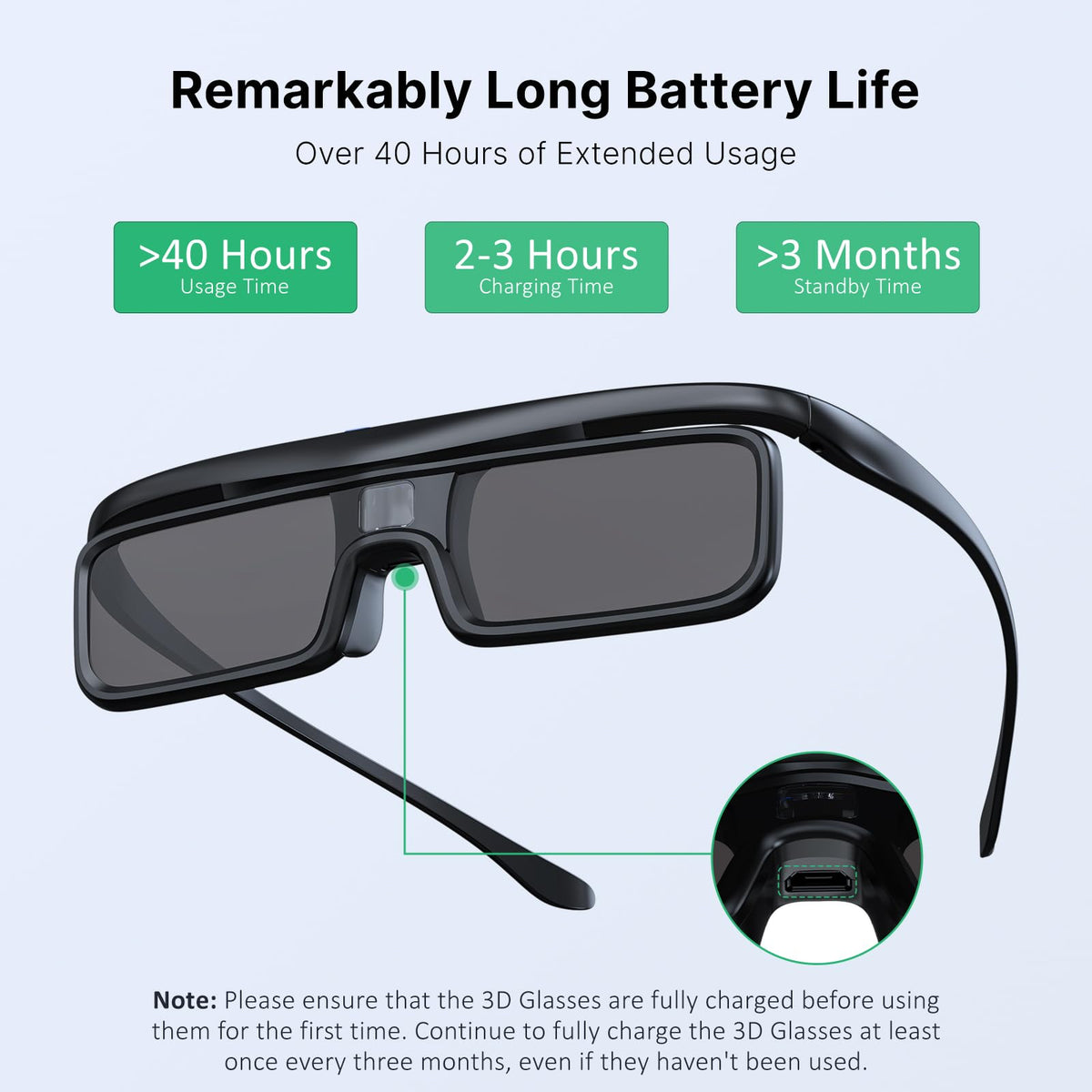 NexiGo DLP Link 3D glasses battery indicator, shows power for extended sessions.