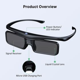NexiGo DLP Link 3D glasses worn by model, lightweight comfort for extended viewing.
