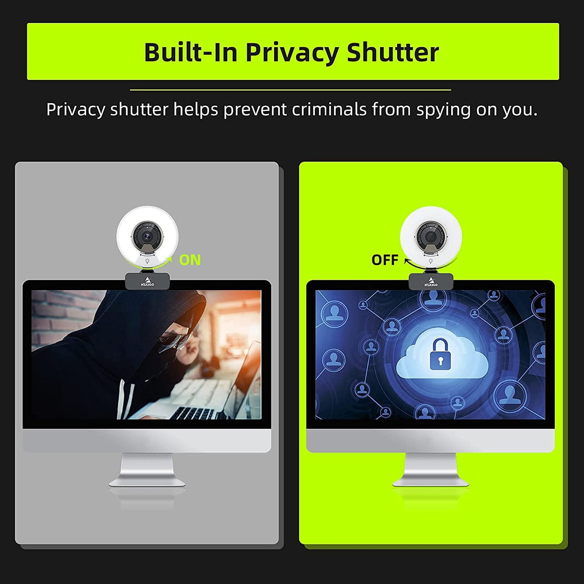 NexiGo webcam clipped to laptop screen, enables plug-and-play video conferencing