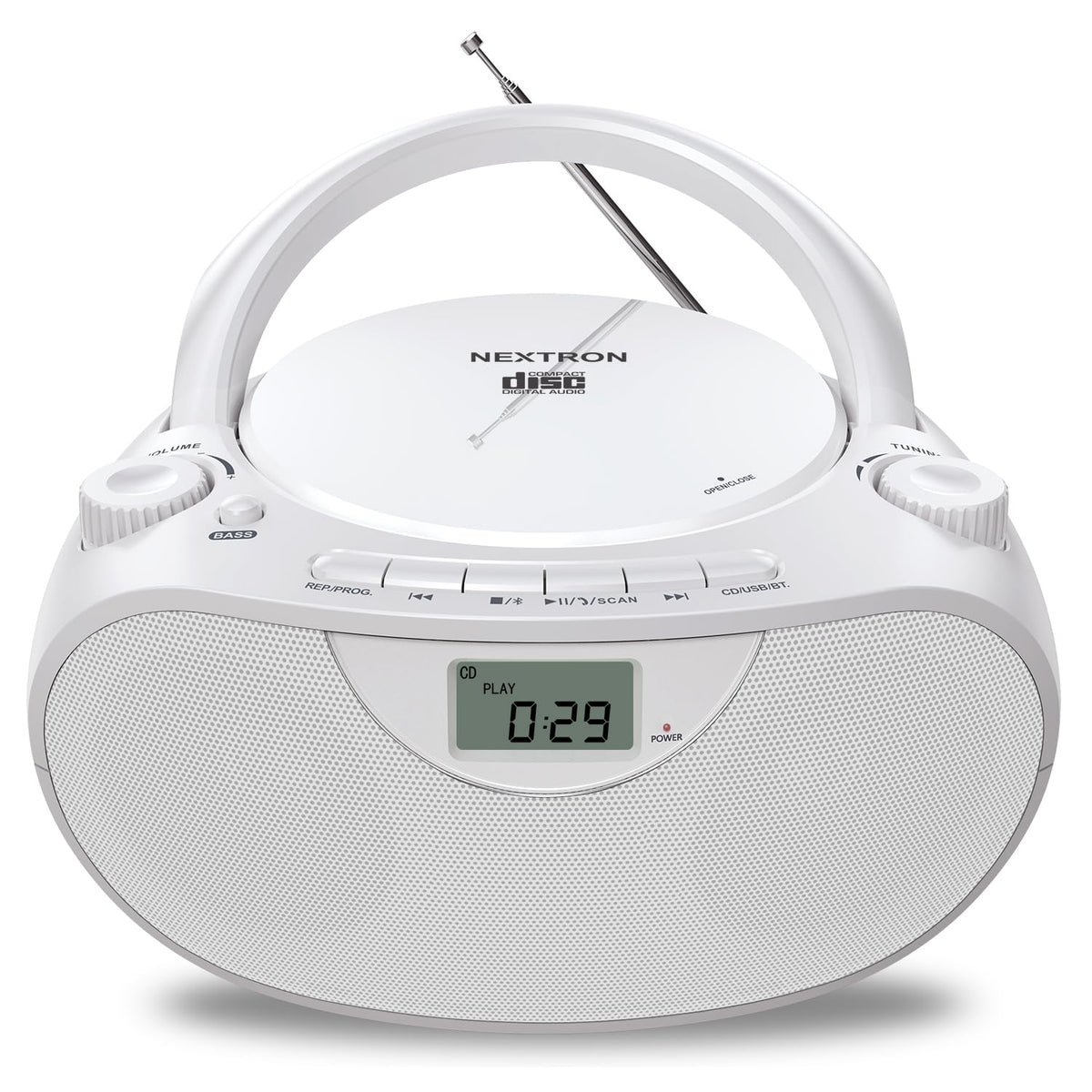 Nextron boombox front view showing speakers and controls for clear sound