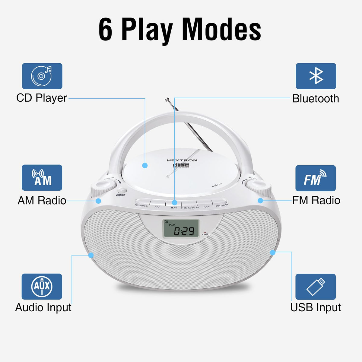 Nextron top-loading CD open showing disc playback convenience