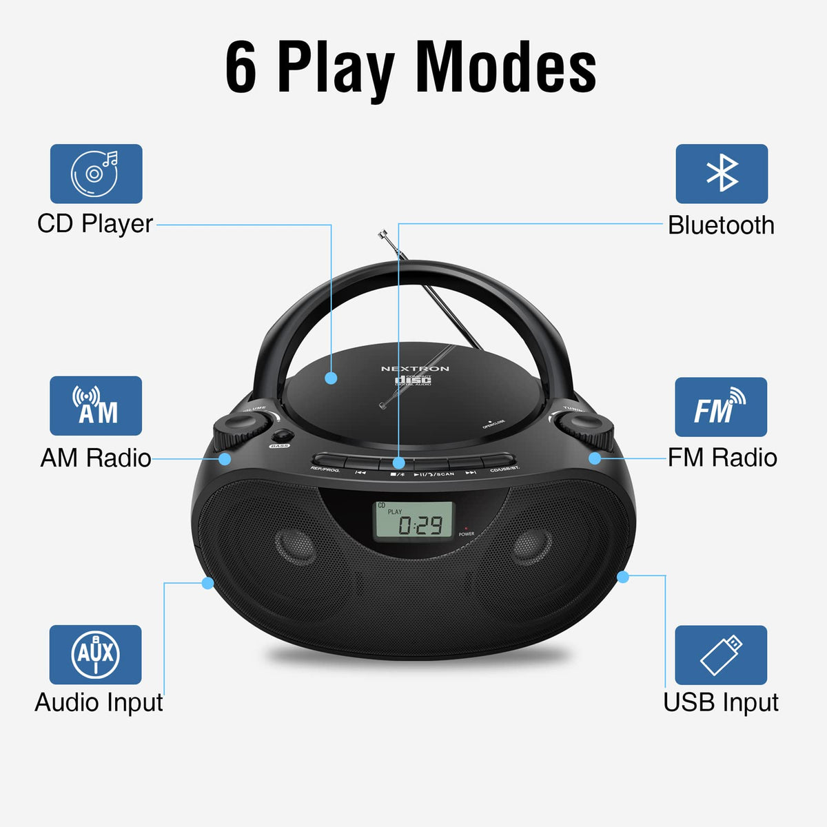 Nextron top-loading CD tray open for easy disc playback setup