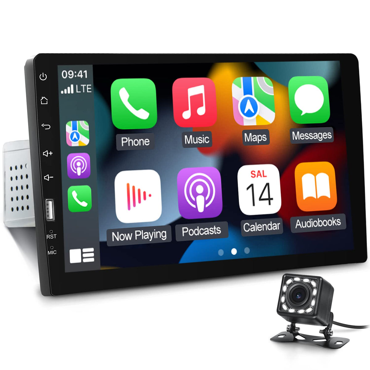 NHOPEEW 9-inch car stereo front view with CarPlay integration for easy infotainment