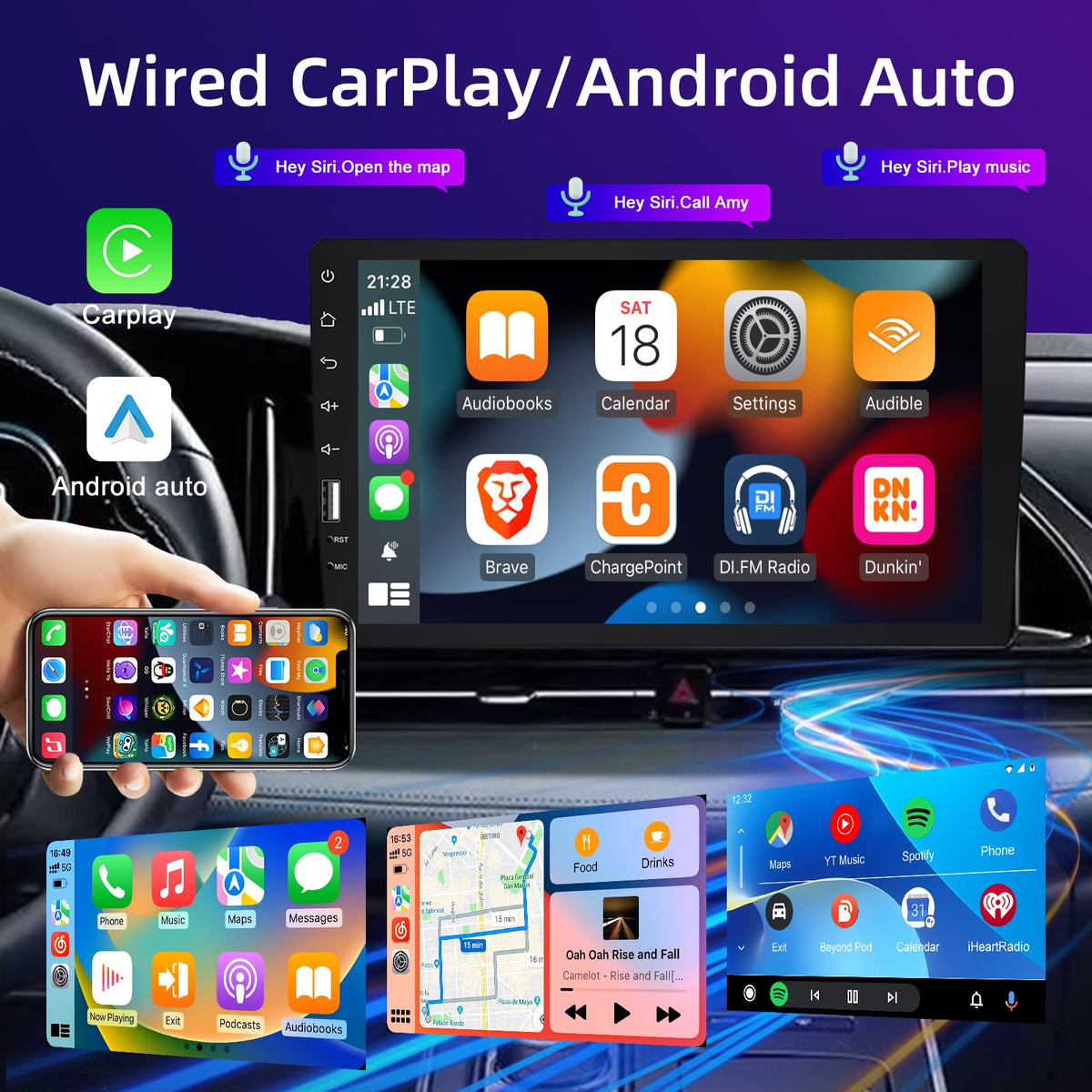 NHOPEEW car stereo screen displaying Apple CarPlay and Android Auto icons for quick access