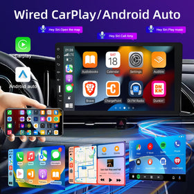 NHOPEEW car stereo screen displaying Apple CarPlay and Android Auto icons for quick access