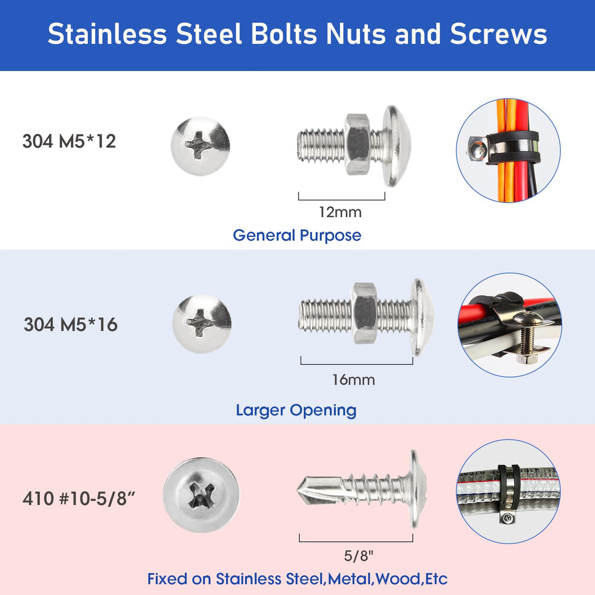 Nicalas M5 bolts and nuts provide secure mounting on metal or wood surfaces.