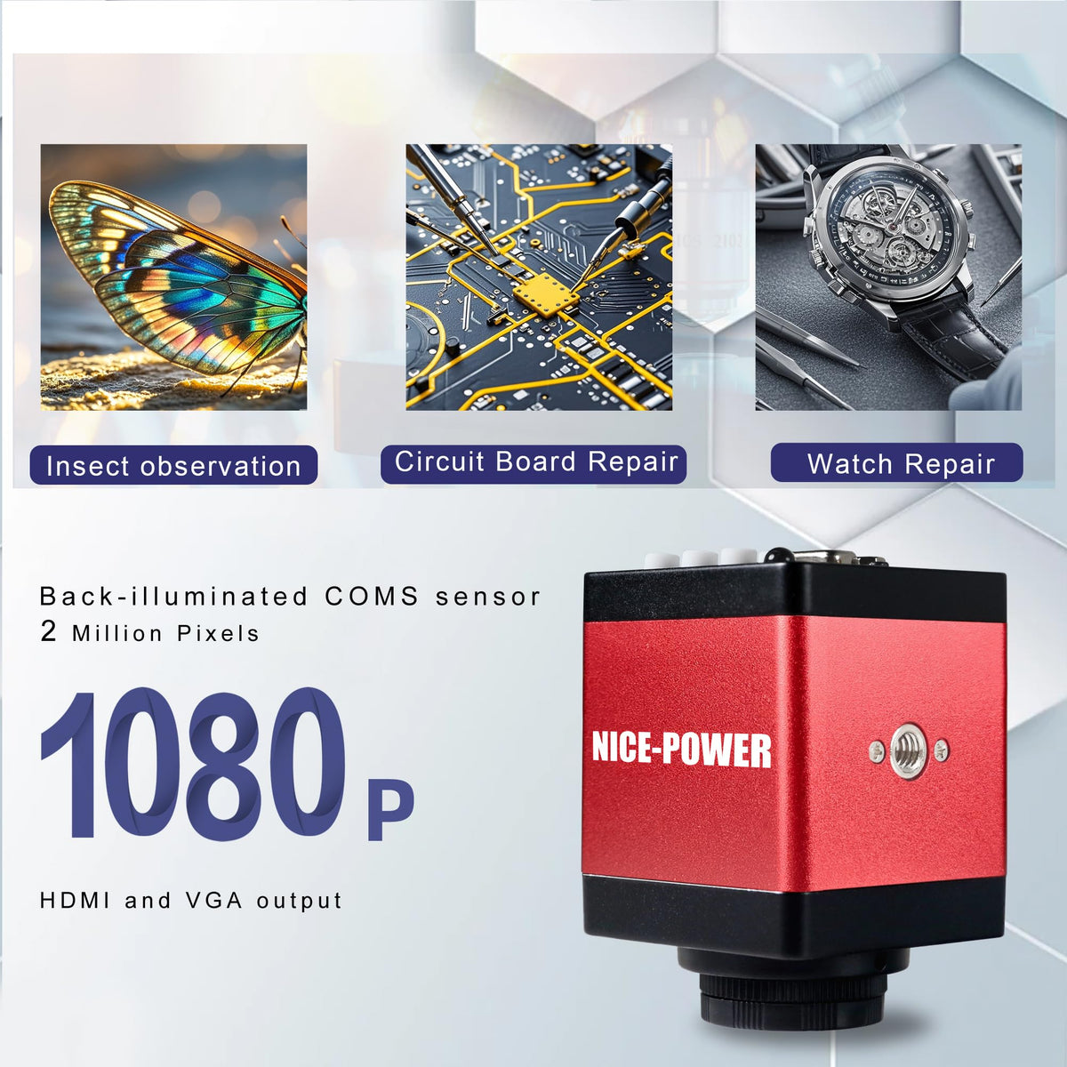 NICE-POWER 150X zoom lens for detailed electronics inspections at close range.