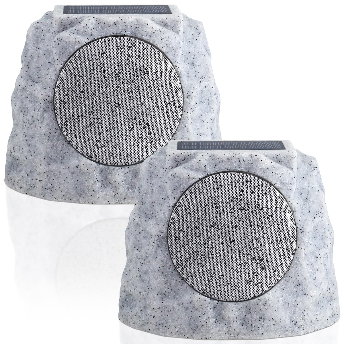 NiceBuy solar rock speakers illuminate outdoors with ambient RGB lighting.