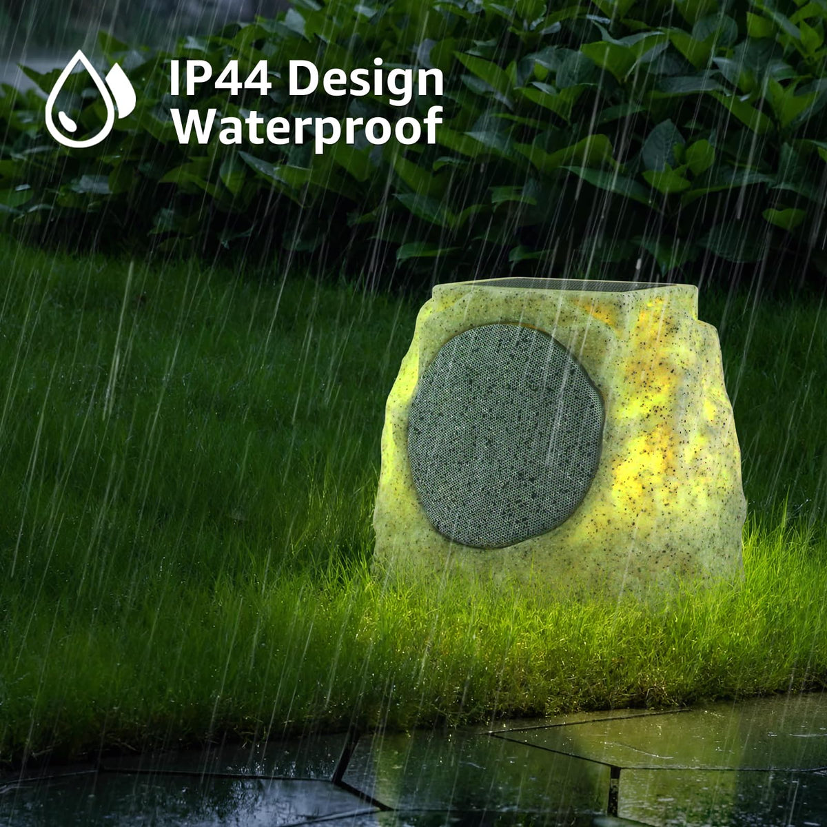 NiceBuy solar rock speaker delivers dual-channel sound with extended outdoor range.