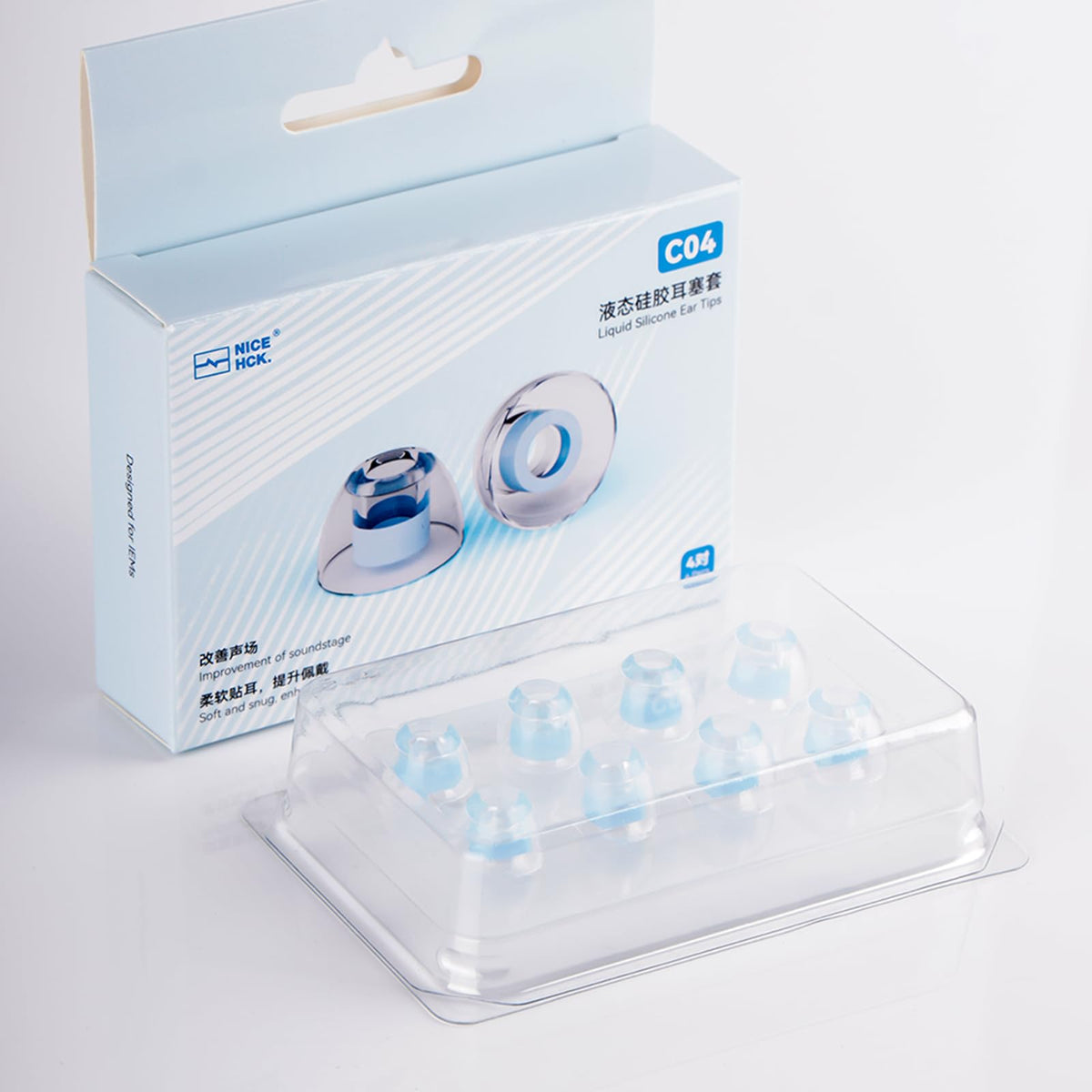 NICEHCK C04 ear tips closeup line showing easy-to-clean silicone design.