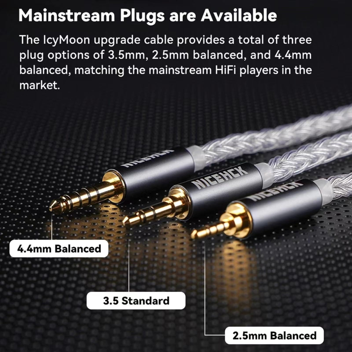 NICEHCK IcyMoon silver braided cable foreground emphasizes style and wear resistance.